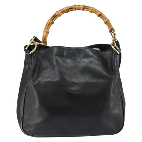 GUCCI Bamboo Hand Bag Leather 2way Black Gold - Picture 3 of 16